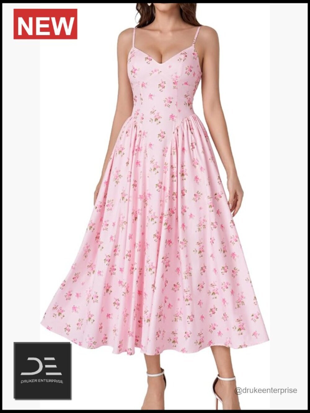 Floral Corset Midi Dress V Neck Lace Up Tie Back Ruffle Sundress